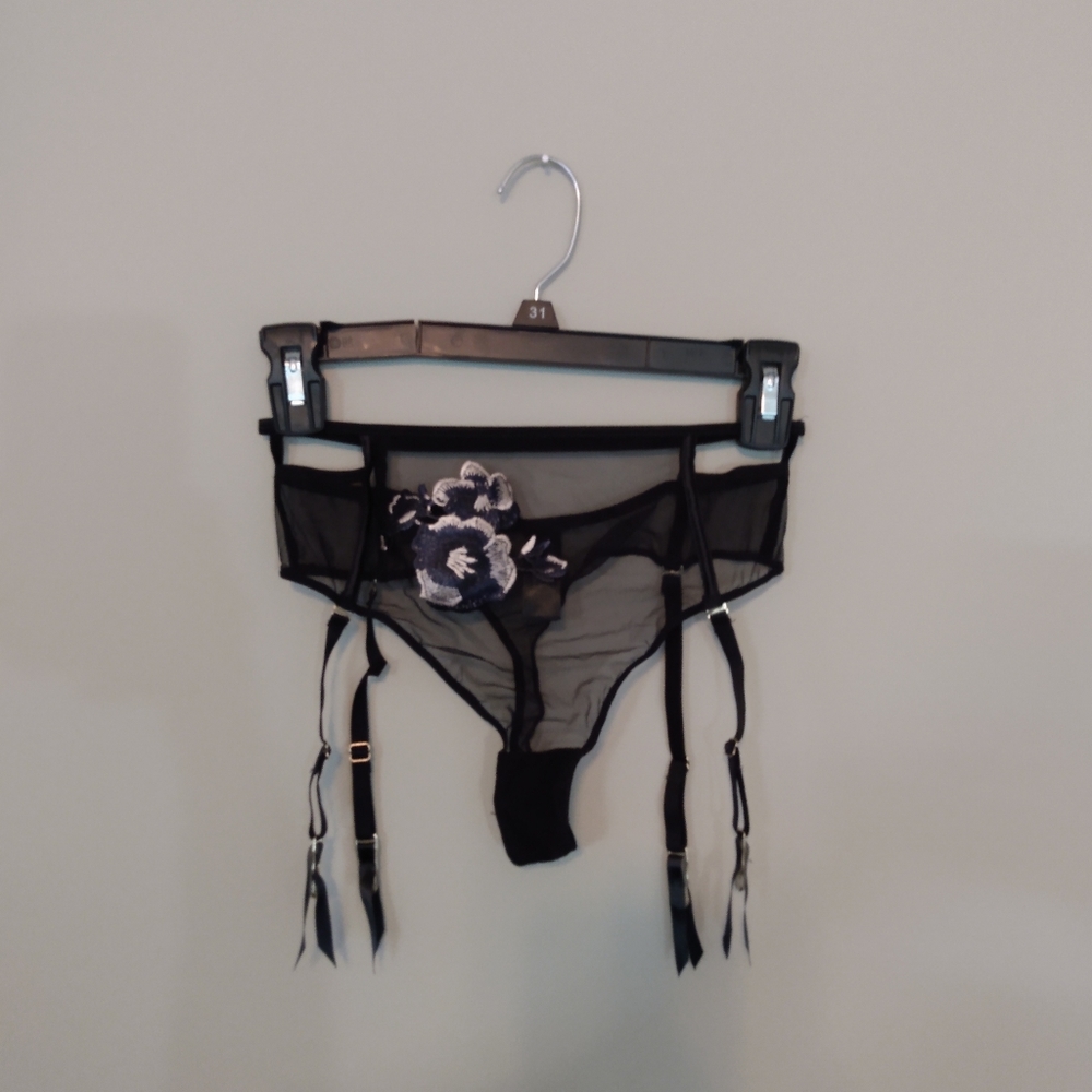 Bluebella black floral thong underwear with garters attached